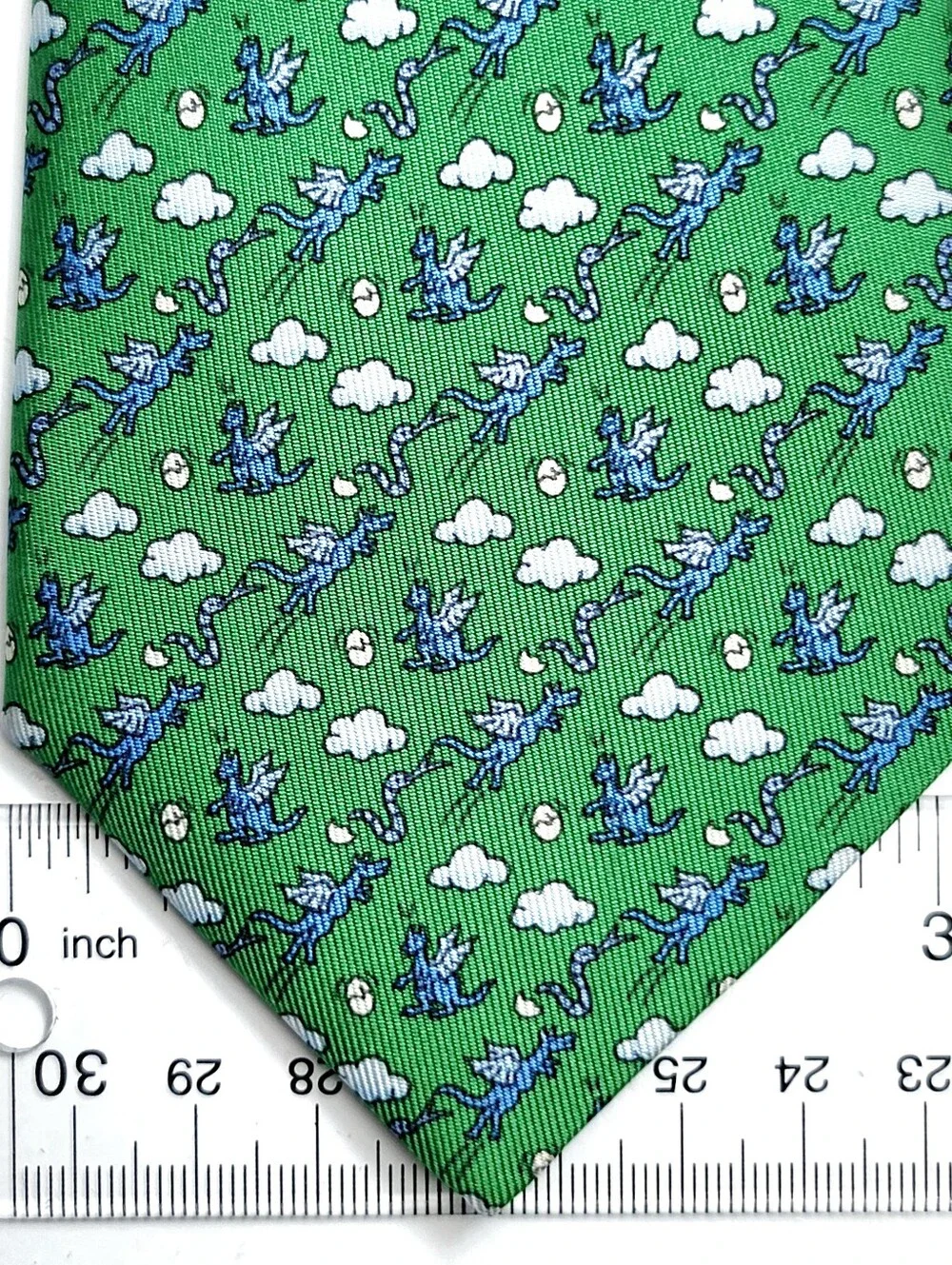 Hermès Paris Green Silk Tie with Blue & White Floral Motif